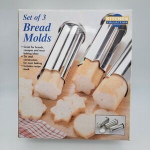 Vtg Kitchen Collection Set of 3 Tin Steel Bread Molds Recipes Flower Heart Star